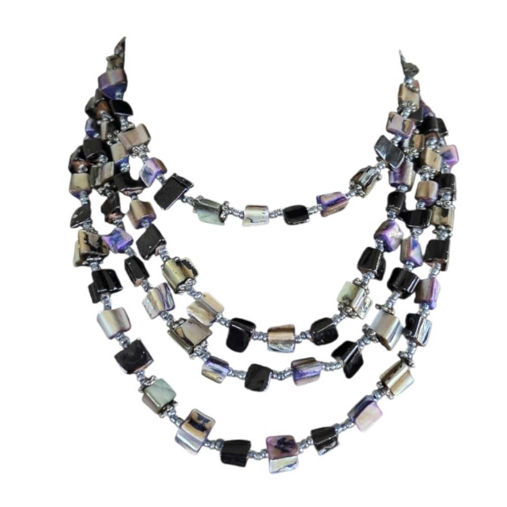 Mermaidcore Shell Jewelry 4 Strand Black and Purple Beaded Necklace Boho Chic